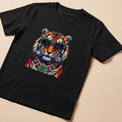 Realistic print of a cool tiger wearing sunglasses and jewelry in colorful hues