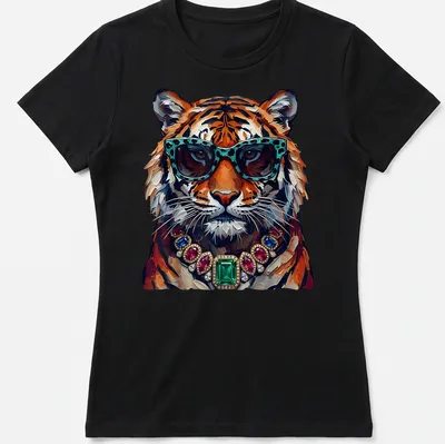 Realistic print of a cool tiger wearing sunglasses and jewelry in colorful hues — printed on a women's shirt