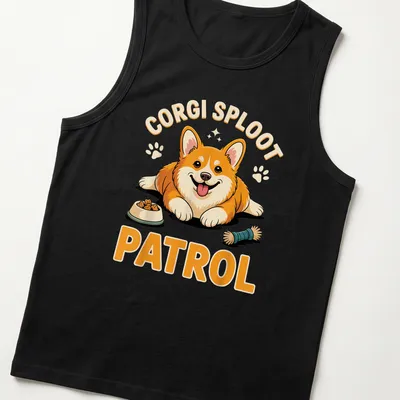 Cartoon corgi mid-sploot with text 'Corgi Sploot Patrol' in bright colors — printed on a tank top