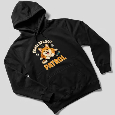 Cartoon corgi mid-sploot with text 'Corgi Sploot Patrol' in bright colors — printed on a unisex hoodie