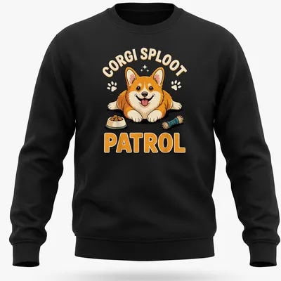 Cartoon corgi mid-sploot with text 'Corgi Sploot Patrol' in bright colors — printed on a unisex sweatshirt