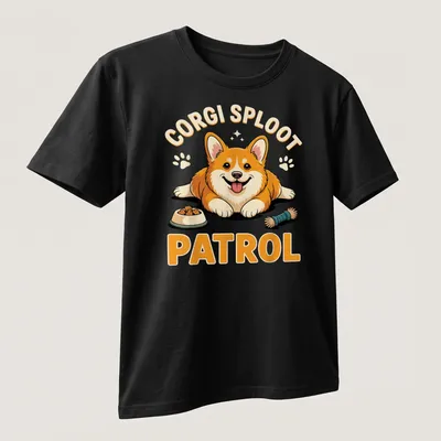 Cartoon corgi mid-sploot with text 'Corgi Sploot Patrol' in bright colors — printed on a unisex t-shirt (angled view)