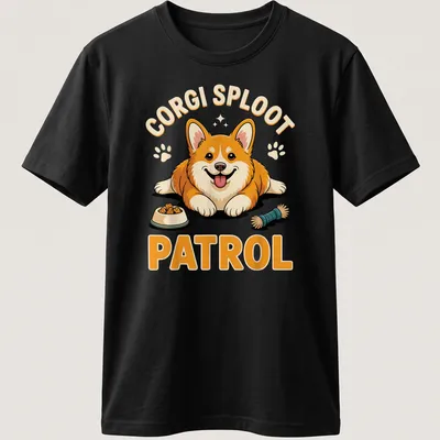 Cartoon corgi mid-sploot with text 'Corgi Sploot Patrol' in bright colors
