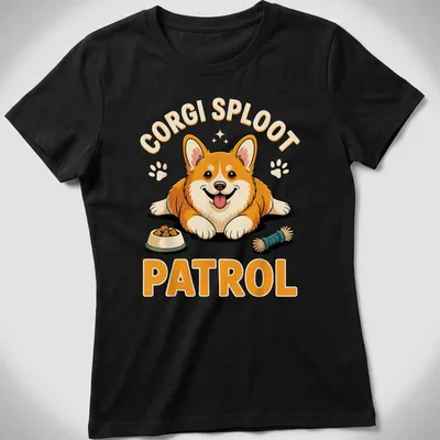 Cartoon corgi mid-sploot with text 'Corgi Sploot Patrol' in bright colors — printed on a women's shirt