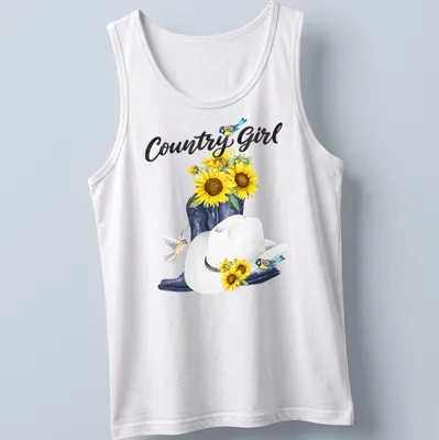 Whimsical watercolor print featuring cowboy boots, sunflowers, and birds with 'Country Girl' text. — printed on a tank top