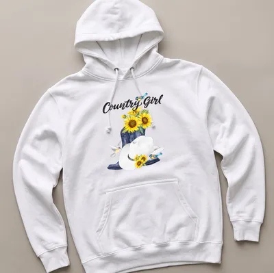 Whimsical watercolor print featuring cowboy boots, sunflowers, and birds with 'Country Girl' text. — printed on a unisex hoodie