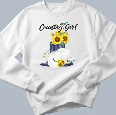 Whimsical watercolor print featuring cowboy boots, sunflowers, and birds with 'Country Girl' text. — printed on a unisex sweatshirt