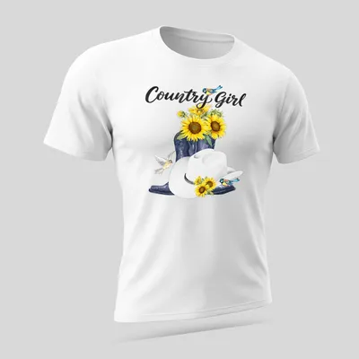 Whimsical watercolor print featuring cowboy boots, sunflowers, and birds with 'Country Girl' text. — printed on a unisex t-shirt (angled view)