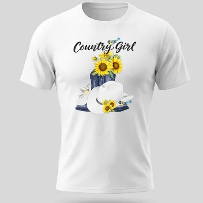 Whimsical watercolor print featuring cowboy boots, sunflowers, and birds with 'Country Girl' text.