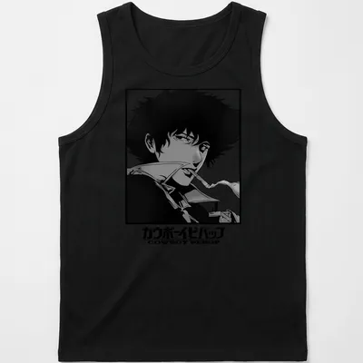Black and white illustration of Spike Spiegel from Cowboy Bebop with Japanese text — printed on a tank top