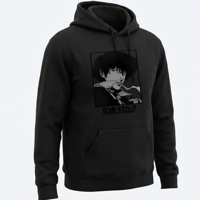 Black and white illustration of Spike Spiegel from Cowboy Bebop with Japanese text — printed on a unisex hoodie