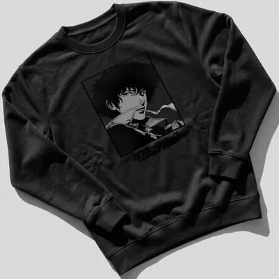 Black and white illustration of Spike Spiegel from Cowboy Bebop with Japanese text — printed on a unisex sweatshirt