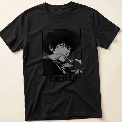 Black and white illustration of Spike Spiegel from Cowboy Bebop with Japanese text
