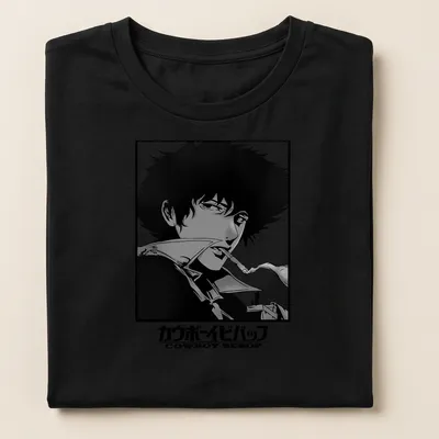 Black and white illustration of Spike Spiegel from Cowboy Bebop with Japanese text — printed on a women's shirt