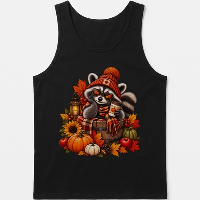 Illustration of a cozy raccoon with pumpkin coffee in warm autumn colors — printed on a tank top