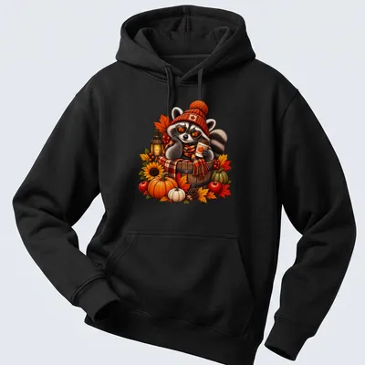 Illustration of a cozy raccoon with pumpkin coffee in warm autumn colors — printed on a unisex hoodie