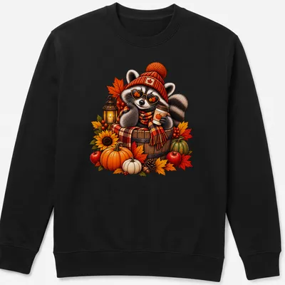 Illustration of a cozy raccoon with pumpkin coffee in warm autumn colors — printed on a unisex sweatshirt