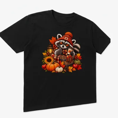 Illustration of a cozy raccoon with pumpkin coffee in warm autumn colors — printed on a unisex t-shirt (angled view)