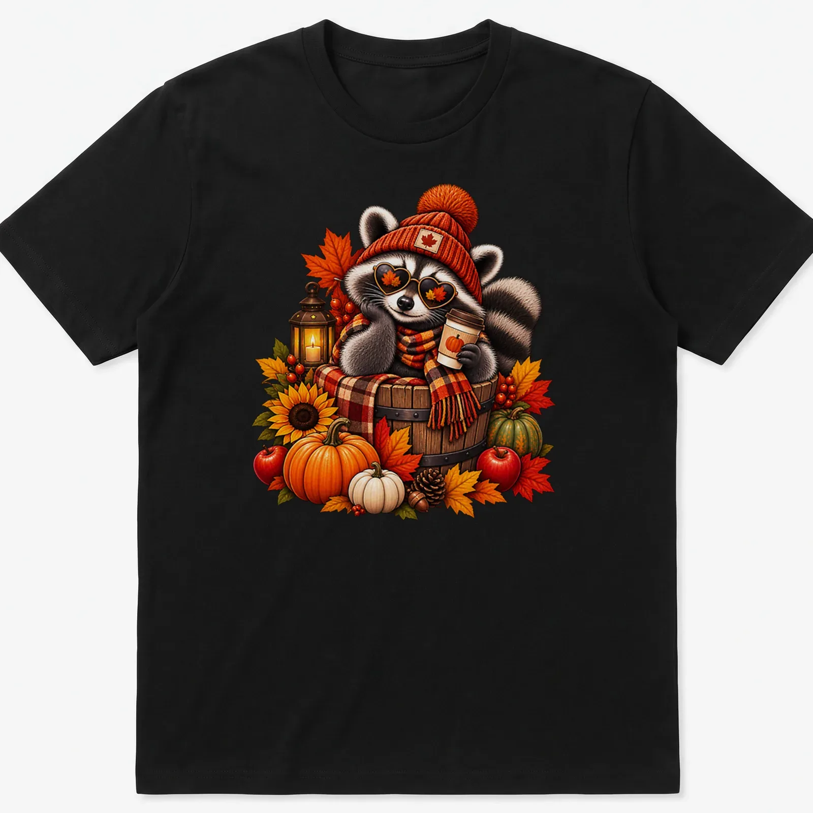 Illustration of a cozy raccoon with pumpkin coffee in warm autumn colors — printed on a unisex t-shirt
