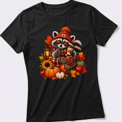 Illustration of a cozy raccoon with pumpkin coffee in warm autumn colors — printed on a women's shirt