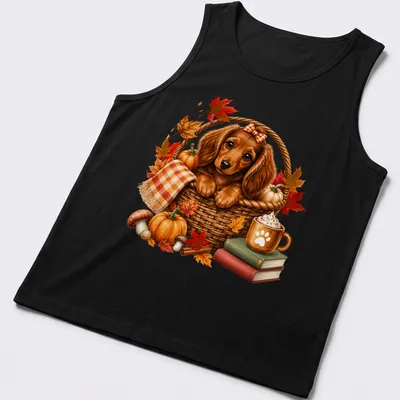 Realistic Dachshund puppy in a basket surrounded by pumpkins, in fall colors — printed on a tank top