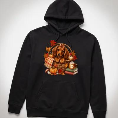 Realistic Dachshund puppy in a basket surrounded by pumpkins, in fall colors — printed on a unisex hoodie
