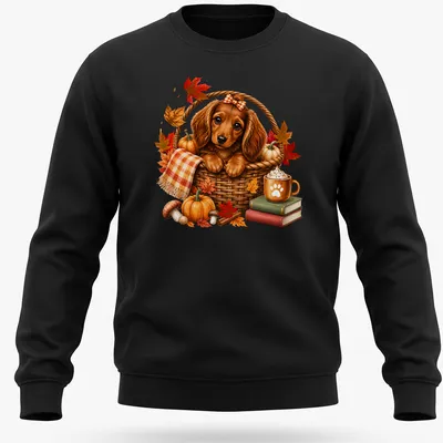 Realistic Dachshund puppy in a basket surrounded by pumpkins, in fall colors — printed on a unisex sweatshirt