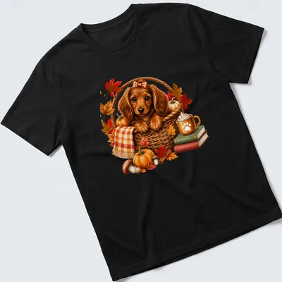 Realistic Dachshund puppy in a basket surrounded by pumpkins, in fall colors
