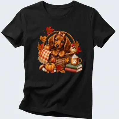 Realistic Dachshund puppy in a basket surrounded by pumpkins, in fall colors — printed on a women's shirt