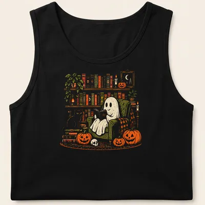 Vintage illustration of a ghost reading with a cat and pumpkins in autumn colors — printed on a tank top