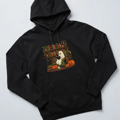 Vintage illustration of a ghost reading with a cat and pumpkins in autumn colors — printed on a unisex hoodie