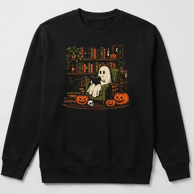 Vintage illustration of a ghost reading with a cat and pumpkins in autumn colors — printed on a unisex sweatshirt