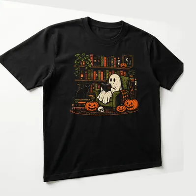 Vintage illustration of a ghost reading with a cat and pumpkins in autumn colors — printed on a unisex t-shirt (angled view)