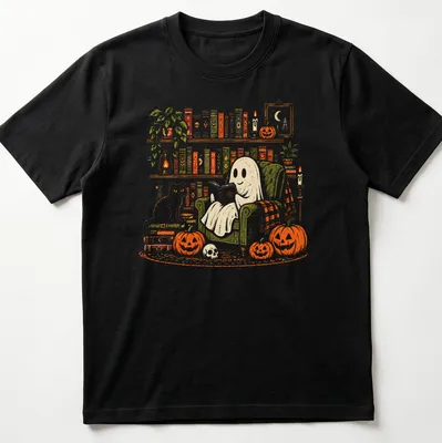 Vintage illustration of a ghost reading with a cat and pumpkins in autumn colors