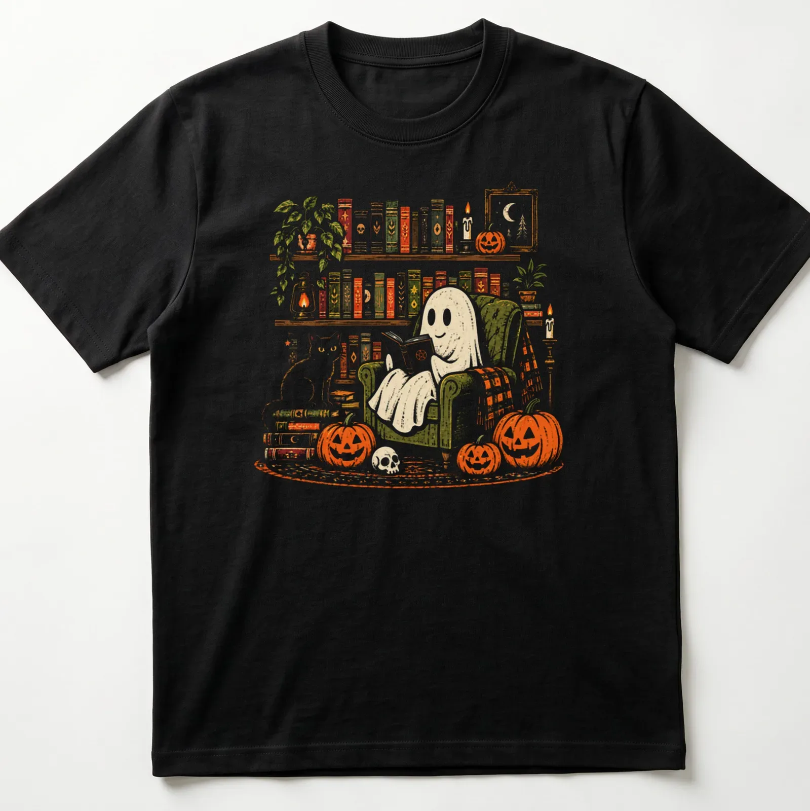 Vintage illustration of a ghost reading with a cat and pumpkins in autumn colors — printed on a unisex t-shirt