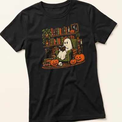 Vintage illustration of a ghost reading with a cat and pumpkins in autumn colors — printed on a women's shirt