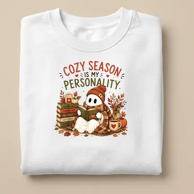 Whimsical illustration of a cute ghost reading with cozy season text — printed on a unisex sweatshirt