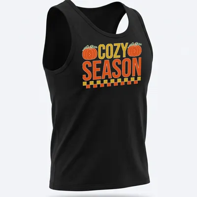 Vintage pumpkin design with the text COZY SEASON in warm autumn colors — printed on a tank top