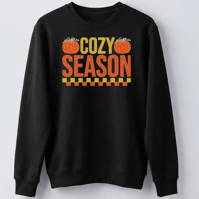 Vintage pumpkin design with the text COZY SEASON in warm autumn colors — printed on a unisex sweatshirt