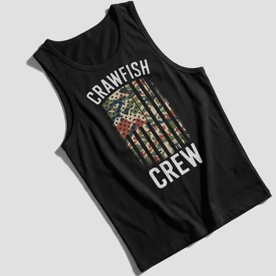 Distressed Crawfish Crew T-shirt featuring an American flag with camouflage pattern — printed on a tank top