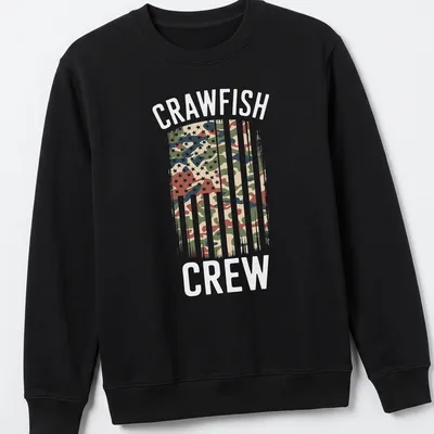 Distressed Crawfish Crew T-shirt featuring an American flag with camouflage pattern — printed on a unisex sweatshirt