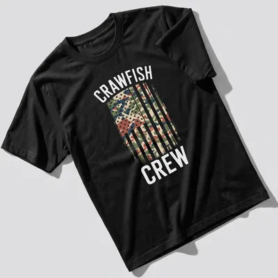 Distressed Crawfish Crew T-shirt featuring an American flag with camouflage pattern