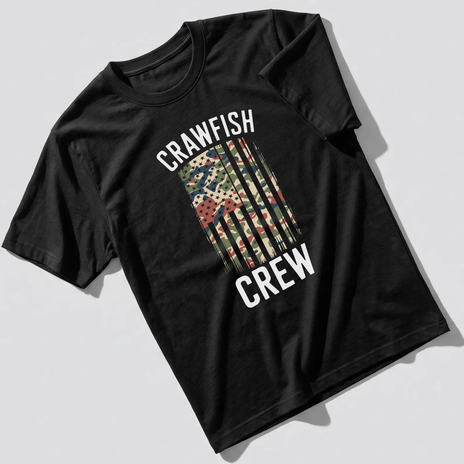 Distressed Crawfish Crew T-shirt featuring an American flag with camouflage pattern — printed on a unisex t-shirt