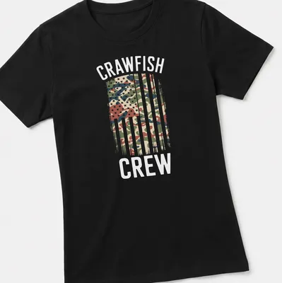 Distressed Crawfish Crew T-shirt featuring an American flag with camouflage pattern — printed on a women's shirt