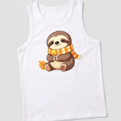 Kawaii baby sloth wearing a candy corn scarf in brown, orange, yellow, and cream — printed on a tank top