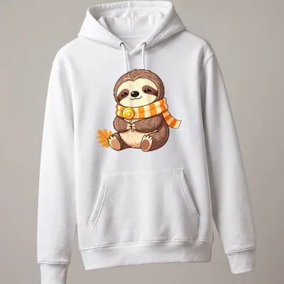 Kawaii baby sloth wearing a candy corn scarf in brown, orange, yellow, and cream — printed on a unisex hoodie