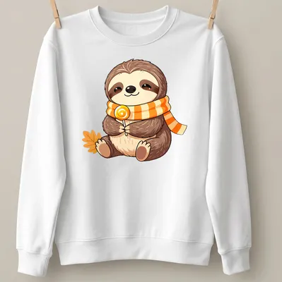 Kawaii baby sloth wearing a candy corn scarf in brown, orange, yellow, and cream — printed on a unisex sweatshirt
