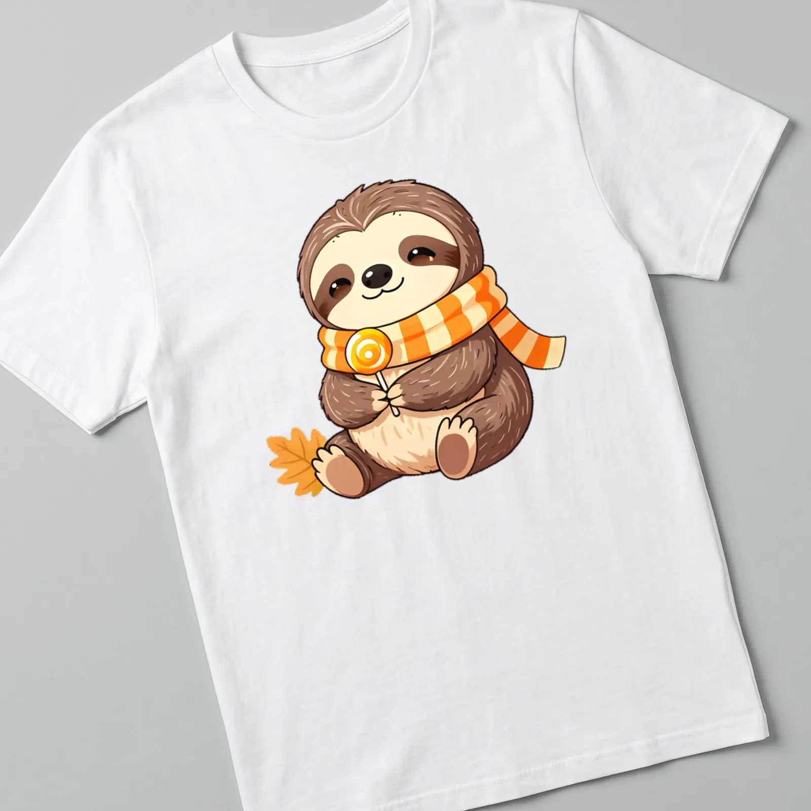 Kawaii baby sloth wearing a candy corn scarf in brown, orange, yellow, and cream — printed on a unisex t-shirt