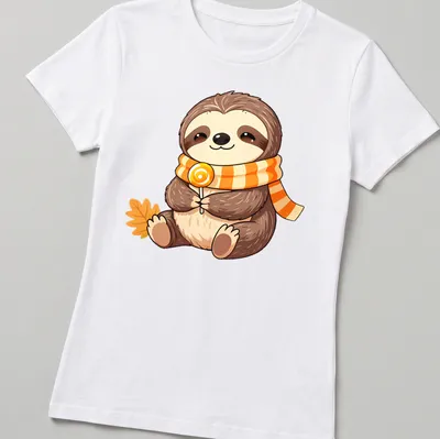 Kawaii baby sloth wearing a candy corn scarf in brown, orange, yellow, and cream — printed on a women's shirt