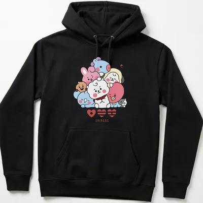 Cute cartoon animals huddled together with hearts in a kawaii style — printed on a unisex hoodie